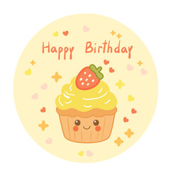 Hand drawn happy birthday card with kawaii cupcake topped with strawberry and cream. Adorable pastel celebration design.