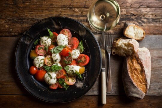 A beautiful caprese salad with tomatoes, mozzarella, and basil, on a wooden table with wine and bread.