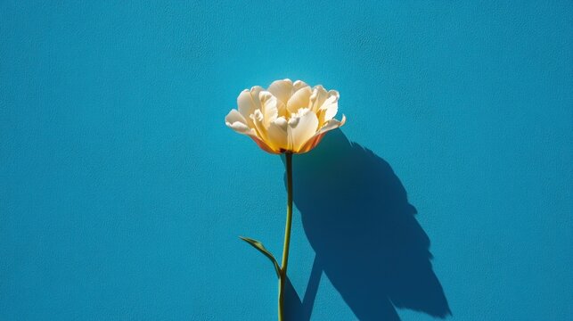 Single pale yellow flower on a vibrant blue backdrop casts a strong shadow