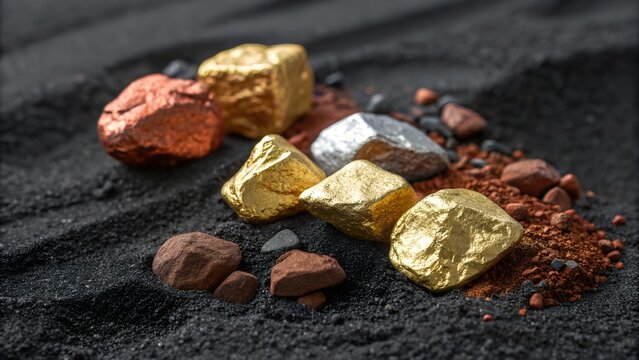 Ore gold silver and copper from the mined mines were placed on the black sand.