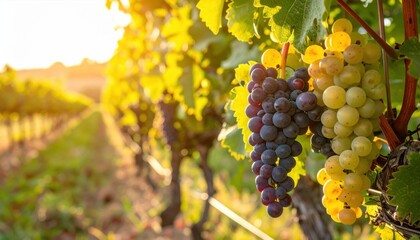 Ripe bunches of red and white grapes hang on vines in a sunlit vineyard at sunset.