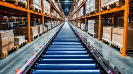 Warehouse conveyor system, rows of orange shelving, boxes