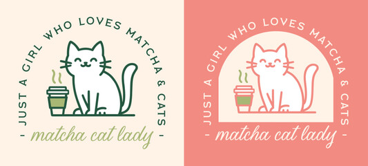 Cat mom lady just a girl who loves matcha and cats kitten pet animal tea latte lover funny quotes women shirt design. Cute retro vintage girly green pink aesthetic illustration printable poster print.