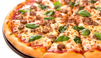 Savory Meat Pizza with Basil and Melted Cheese