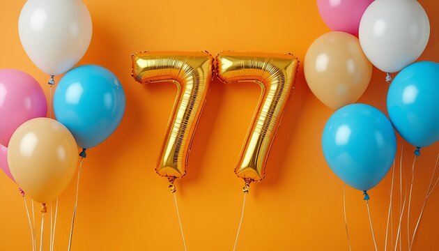 balloon in a shape of number 77 on orange background with balloons for birthday celebration.