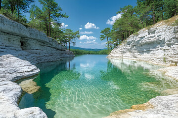 Serene Green Lake Surrounded by White Rocks and Lush Trees
