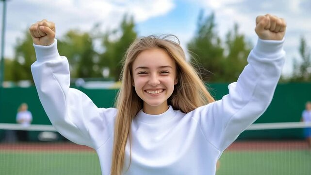 Smiling blonde caucasian teenager in white sweatshirt raises both arms in victory pose with green tennis court and trees in background. Concept of youth joy, achievement and active lifestyle
