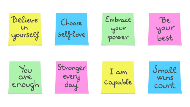 Colorful sticky notes with handwritten self-esteem boosting phrases