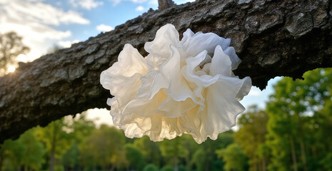 A tremella mushroom hanging from a tree branch in a forest area with trees in the background and a light shining on the tremella. Chinese gelatinous fungi. Tremella fuciformis. Snow fungus.