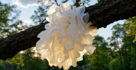 A tremella mushroom hanging from a tree branch in a forest area with trees in the background and a light shining on the tremella. Chinese gelatinous fungi. Tremella fuciformis. Snow fungus.