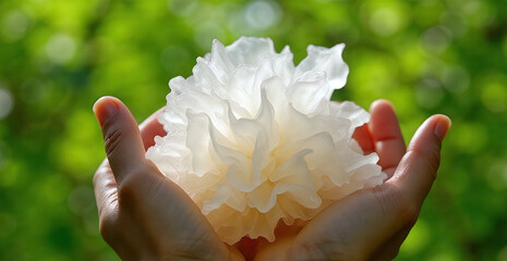 A hand is holding a tremella mushroom ( Tremella fuciformis ), showcasing its white, gelatinous texture against a natural background of forest