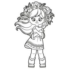 Cute sad girl in a dress with Ukrainian embroidery and a wreath hugs a heart picture for coloring