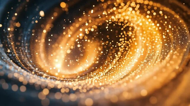 Golden swirl of CO₂ removal membrane fibers viewed in scientific macro style, with glowing particles and crisp lighting, visualizing advanced filtration technology for climate and energy applications.