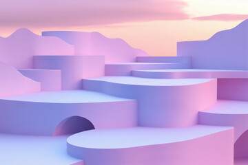 soft focus 3D backdrop featuring layered geometric cutouts in pastel pink and purple hues, creating serene and dreamy landscape