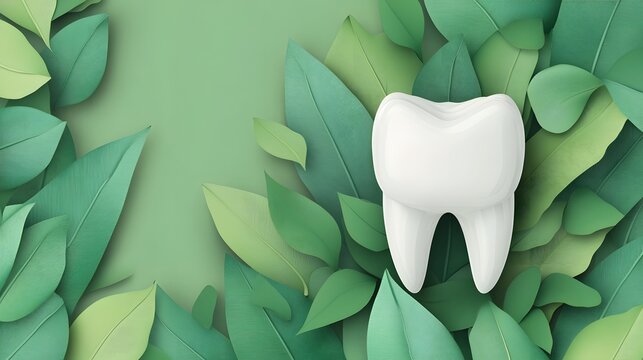 Healthy tooth amidst vibrant green leaves.