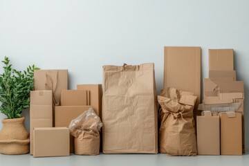 Fototapeta premium Brown cardboard packaging and boxes arranged neatly against a neutral wall in a minimalist setup for shipping and storage