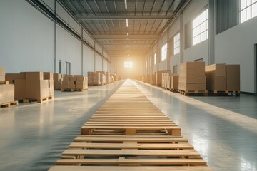 Bright warehouse interior with pallets and cardboard boxes during sunset in a logistics facility