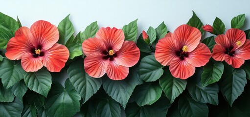 Fototapeta premium Vibrant Hibiscus Blossom Border: A Summer Floral Panorama