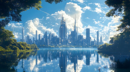 Futuristic city reflected in tranquil lake, surrounded by greenery.