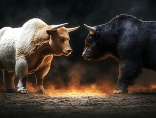 Two bull figures face off in a dramatic showdown