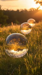 Crystal-clear reflective spheres on grassy field during golden hour.