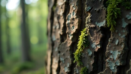 Fototapeta premium Close-Up of Tree Bark with Moss and Lichen in Forest Setting