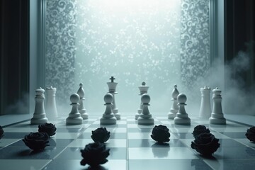 Chess set. Elegant white and black chess pieces on board with mystical