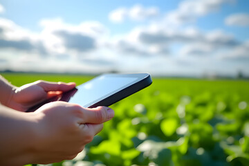 Hand holding tablet, behind is a glass window, looking out to a hydroponic vegetable garden factory, clear sky with clouds