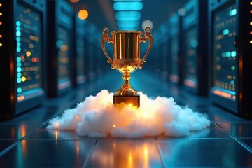 Champion trophy. Golden victory. Cloud pedestal. Data center. IT success. Award concept. Digital competition. Server room. Achievement symbol. Technology excellence. Business prize. Innovation reward.