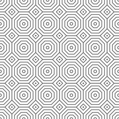 Intricate, monochrome seamless geometric pattern features nested octagons and small squares for modern art design.