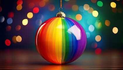 Fototapeta premium A colorful rainbow ornament hangs with vibrant bokeh lights in the background, creating a festive and cheerful atmosphere.