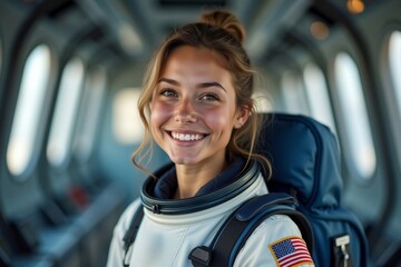 Portrait of joyous millennial Caucasian astronaut in space shuttle with backpack, embracing successful space mission training. Concept of space exploration and fulfillment.