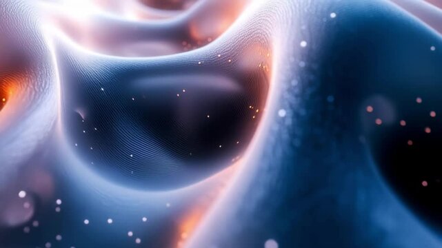 Close-up macro of advanced CO₂ membrane surface structure, displaying soft flowing curves, porous texture, and glowing ambient particles. futuristic clean-air filtration innovation in extreme detail.