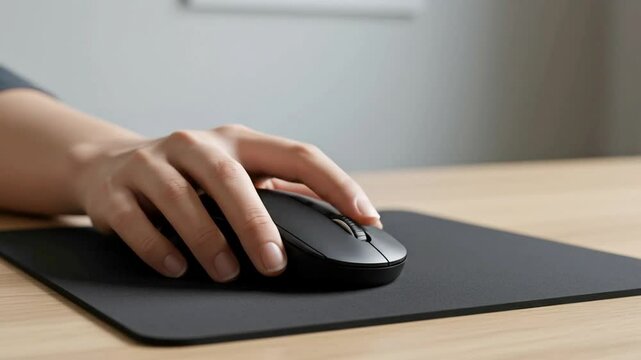 Close up shot of a hand smoothly operating a sleek black wireless computer mouse on a dark mousepad A subtle and professional feel