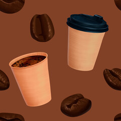 Takeaway Coffee Cups and Beans Seamless Pattern