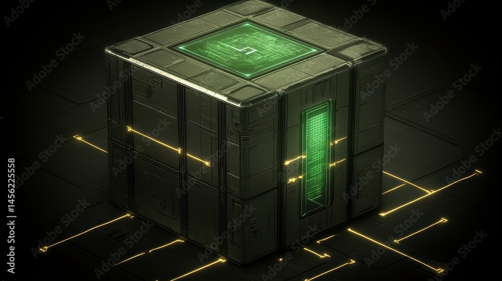 Poster mysterious glowing cube emits light signals technology innovation futuristic element of data storage