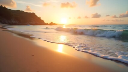Golden sunrise over a tropical ocean beach with gentle waves lapping on the sandy shore at dawn.