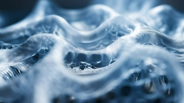 Close-up macro view of transparent, wavy filtration membrane structure under cool lighting, showcasing synthetic material texture, micro-pore design, and futuristic biomedical or environmental