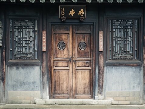 Aged wooden double doors of a traditional Chinese building