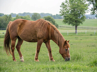 Fototapeta premium Side view of a brown horse grazing calmly in a rural field on a slightly overcast afternoon
