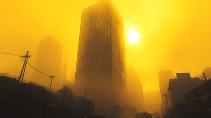 A colossal brutalist skyscraper stands distinct against a toxic yellow sky while empty urban streets emphasize desolation and architectural dominance in a dystopian landscape