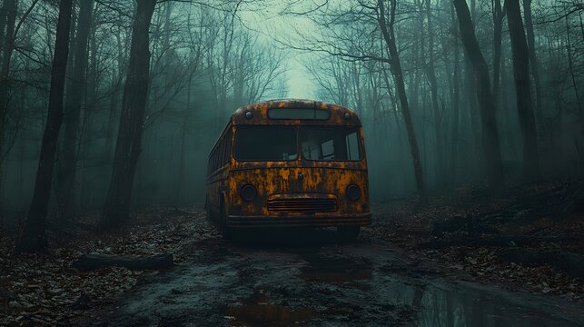Ghostly Abandoned Bus in a Shadowy Forest Clearing with Fractured Light and an Unsettling Horror Ambiance