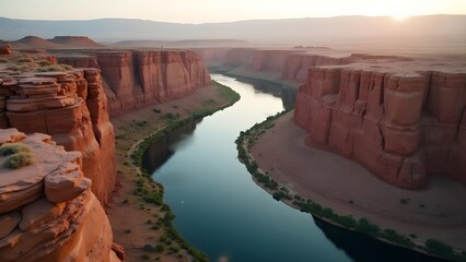 Breathtaking Vista of a River Canyon Landscape at Sunrise or Sunset.