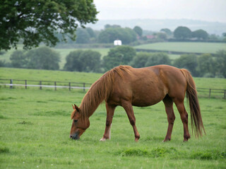 Fototapeta premium Peaceful brown horse grazing in a lush green field under a cloudy sky, in a rural landscape