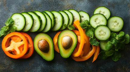 Sliced Cucumbers Avocados and Bell Peppers with Mint on Dark Background