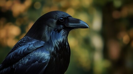 Naklejka premium Detailed close-up of a black crow with glossy feathers and a sharp gaze against a blurred forest backdrop.