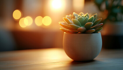 Small Green Succulent in a Light Grey Pot on Wooden Table with Warm Sunset Bokeh