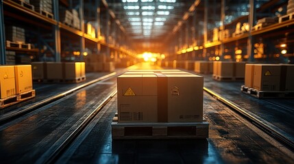 Fototapeta premium Warehouse interior with boxes on conveyor belts