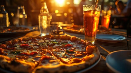 Delicious Pepperoni Pizza and Iced Tea at Sunset Enjoy a summer evening with friends sharing tasty pizza and refreshing drinks outdoors