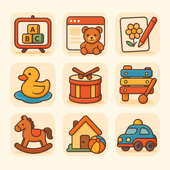 Collection of Colorful Cartoon Children's Toys Icons for Learning and Play